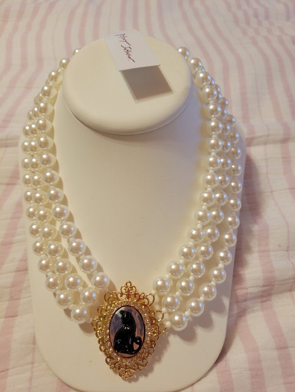 Betsy Johnson Pearl Triple-Strand Necklace with Black Cat Cameo Pendant - White